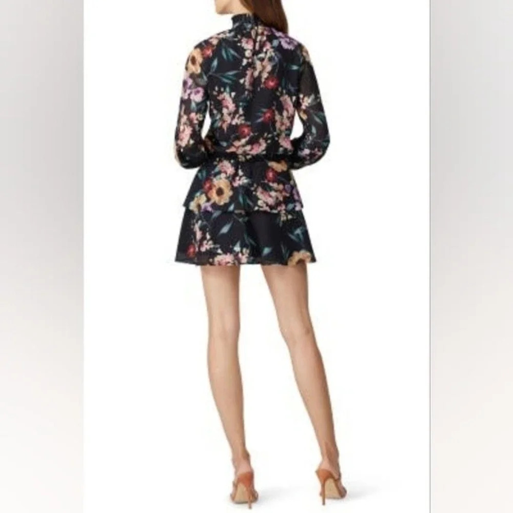Yumi Kim Class Act Long Sleeve Floral Mock Neck Ruffle Mini Dress Black XS NWT - Picture 5 of 15
